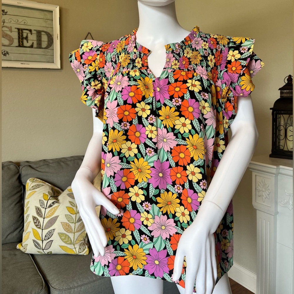 Umgee Colorful Floral Smocked Top